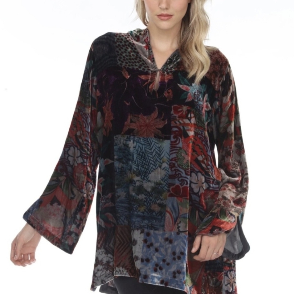 Johnny Was Top Grace Tessa Velvet Multicolor Tunic Long Bell Sleeve Size S
